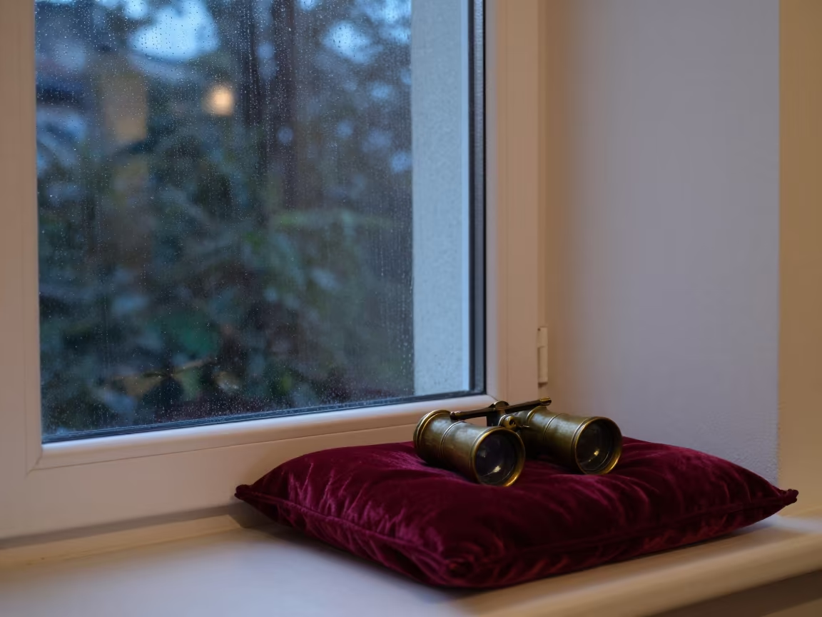 Antique Opera Glasses on Velvet by Window in beside a rain-streaked window in Prizren