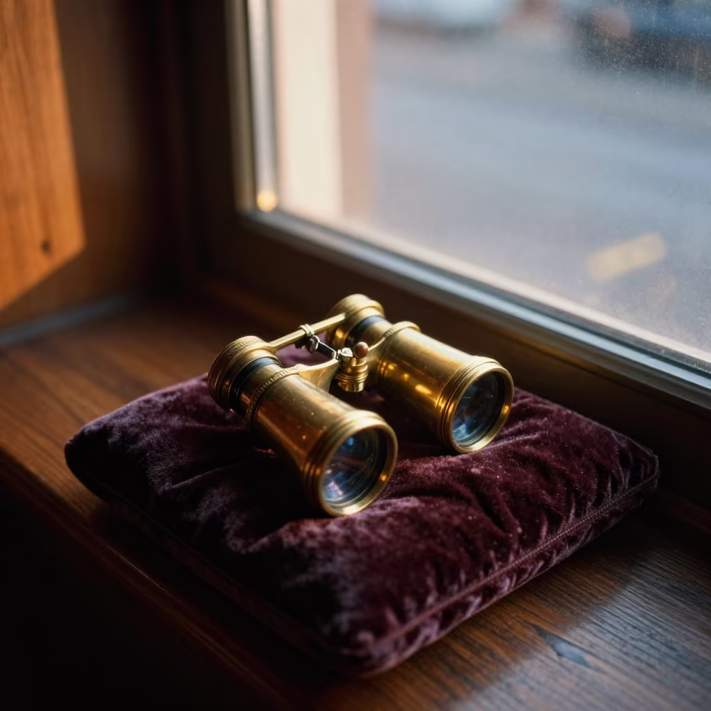 Antique Opera Glasses on Velvet Window Seat Detroit Winter in on a window seat in New Center, Detroit