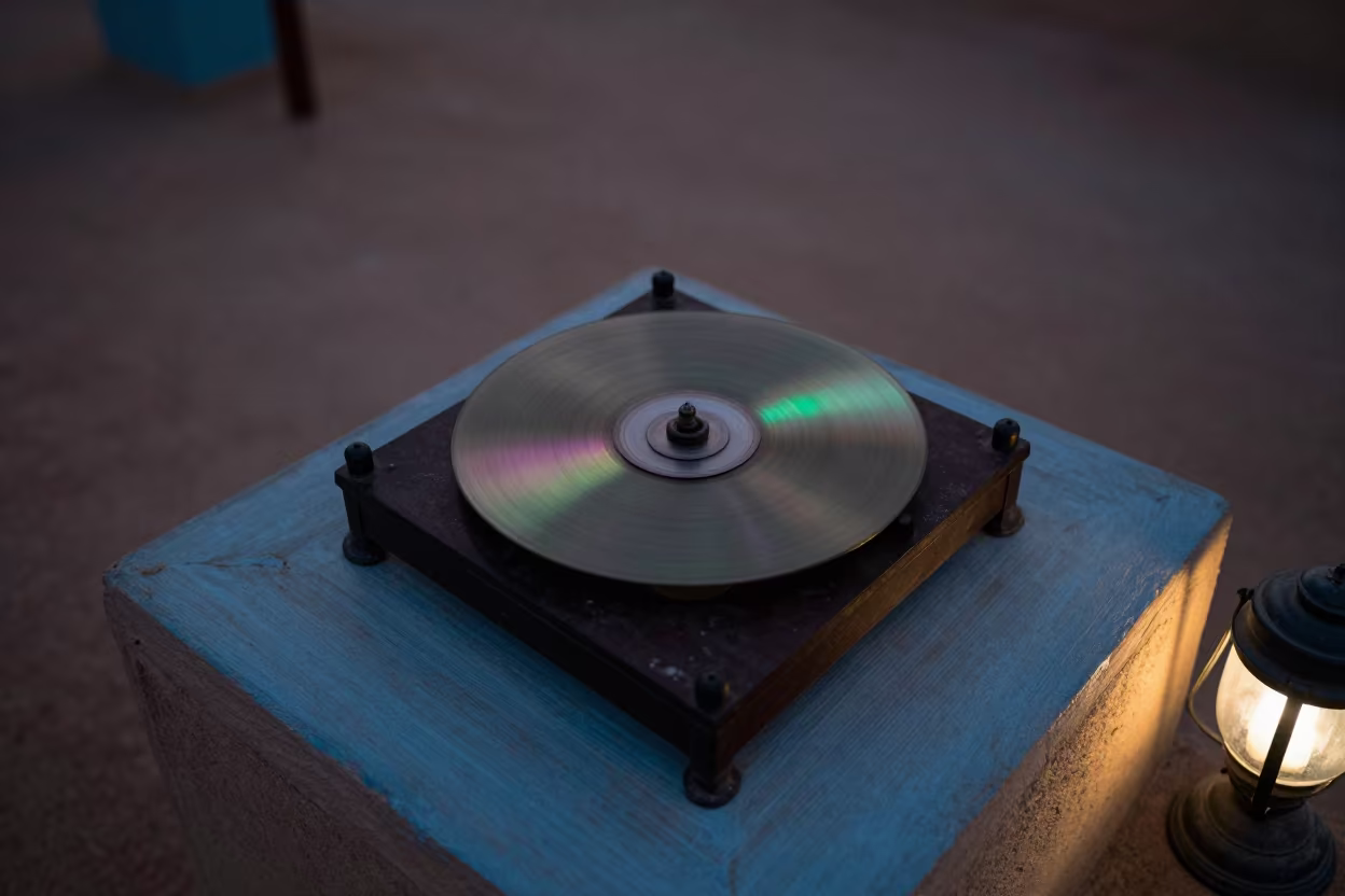 Antique Phenakistiscope on Ledge in Zinder in on a painted display ledge near Zinder