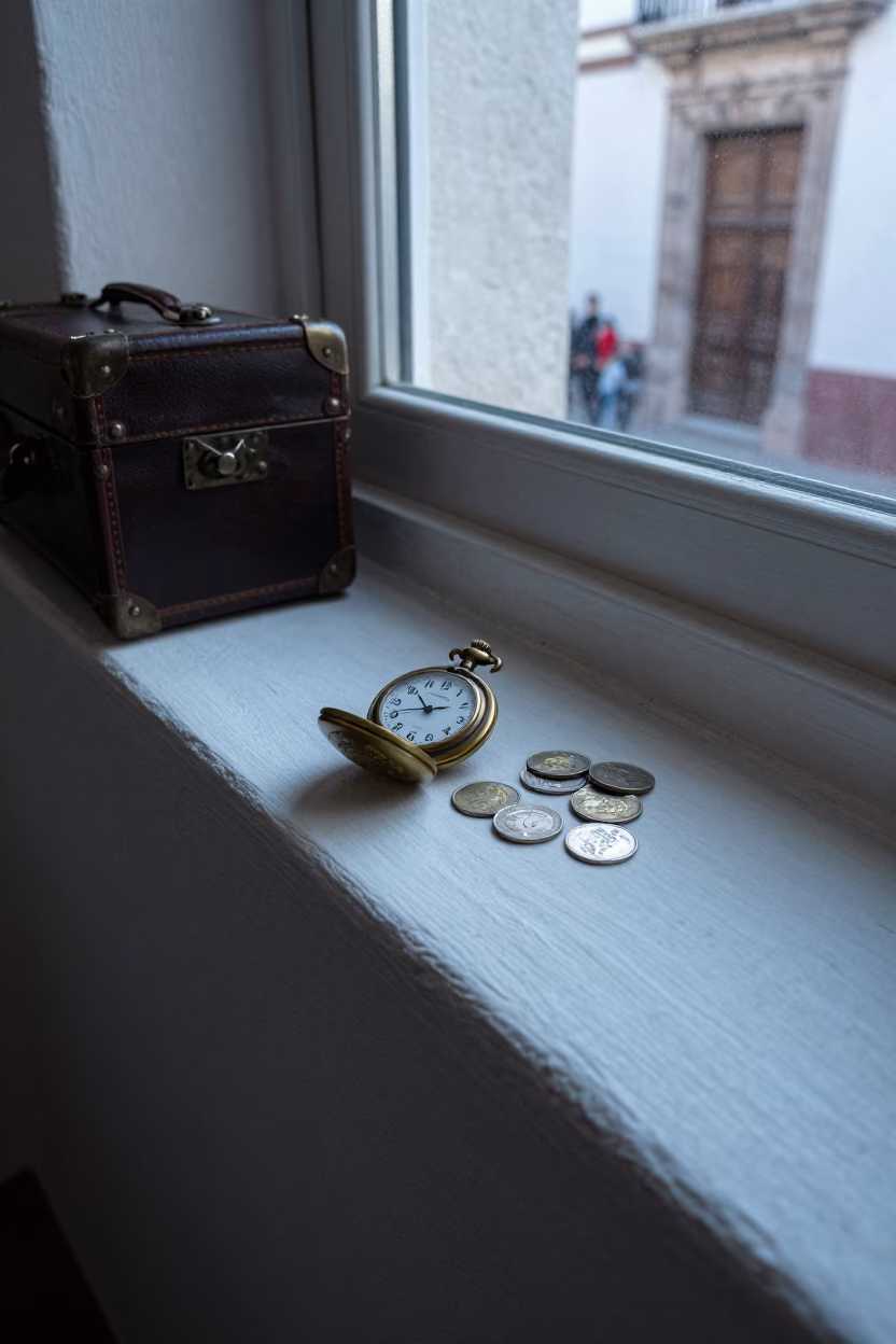 Antique Pocket Watch and Silver Coins on Traveler Trunk in on a painted display ledge near Calle Jaen, La Paz