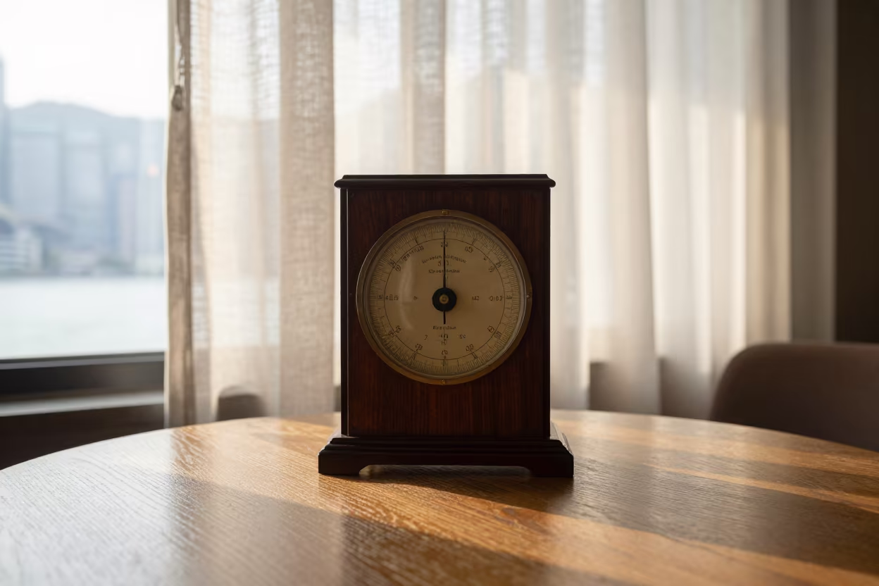 Antique Rosewood Barometer Cafe Window Sheung Wan in on a cafe table by a window near Sheung Wan, Hong Kong