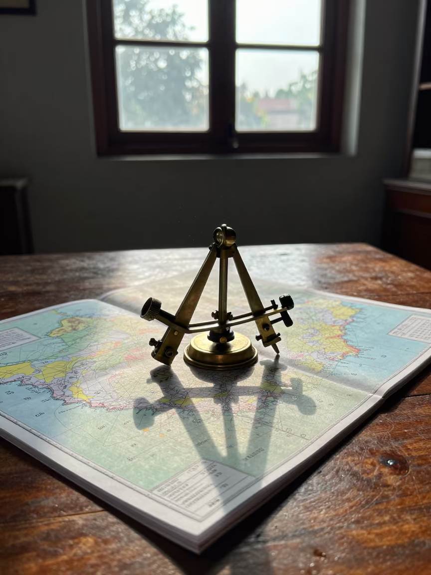 Antique Sextant on Dusty Library Chart in on a dusty library table in Bhiwandi