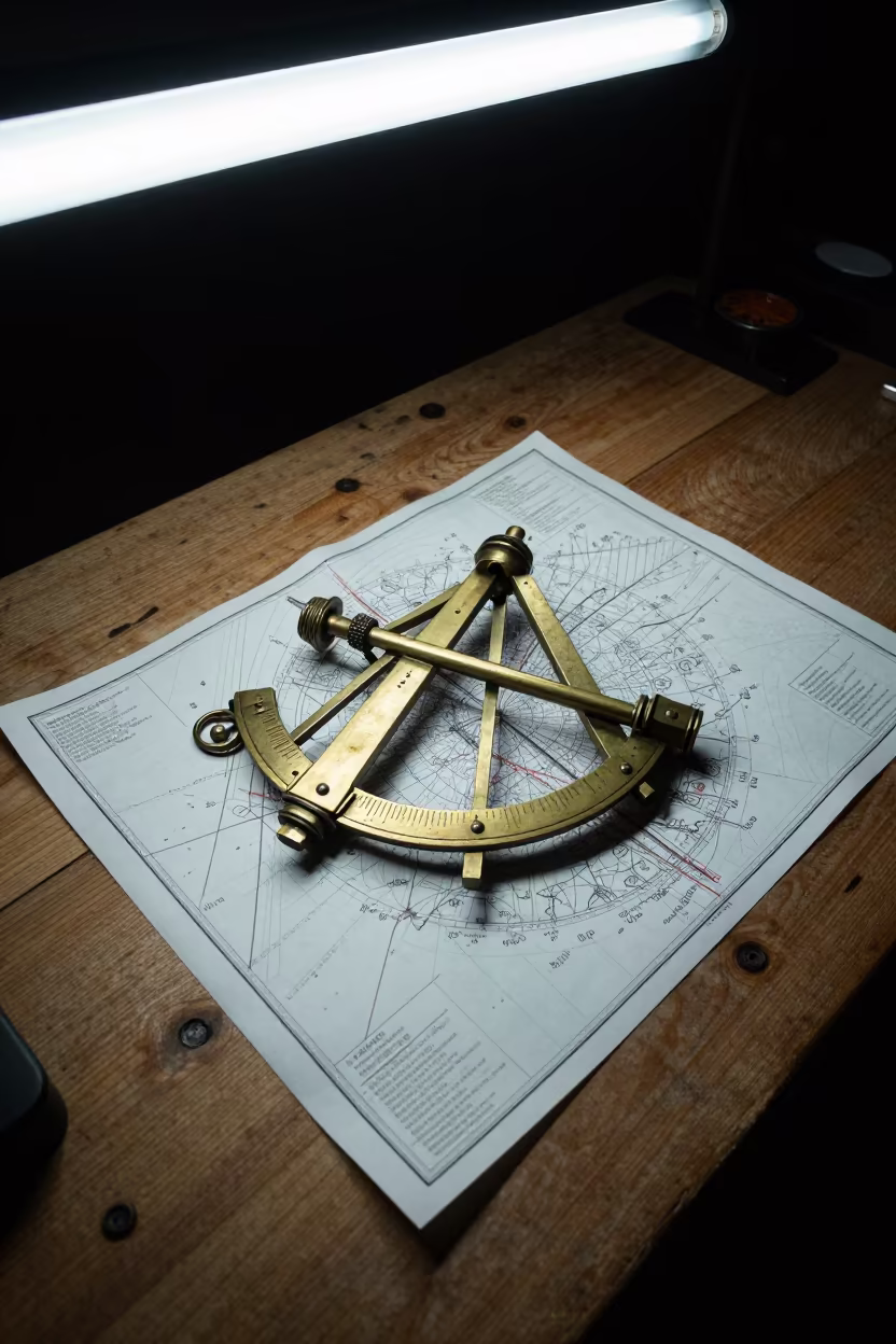 Antique Sextant on Navigation Chart in on a wooden workbench in Ankara
