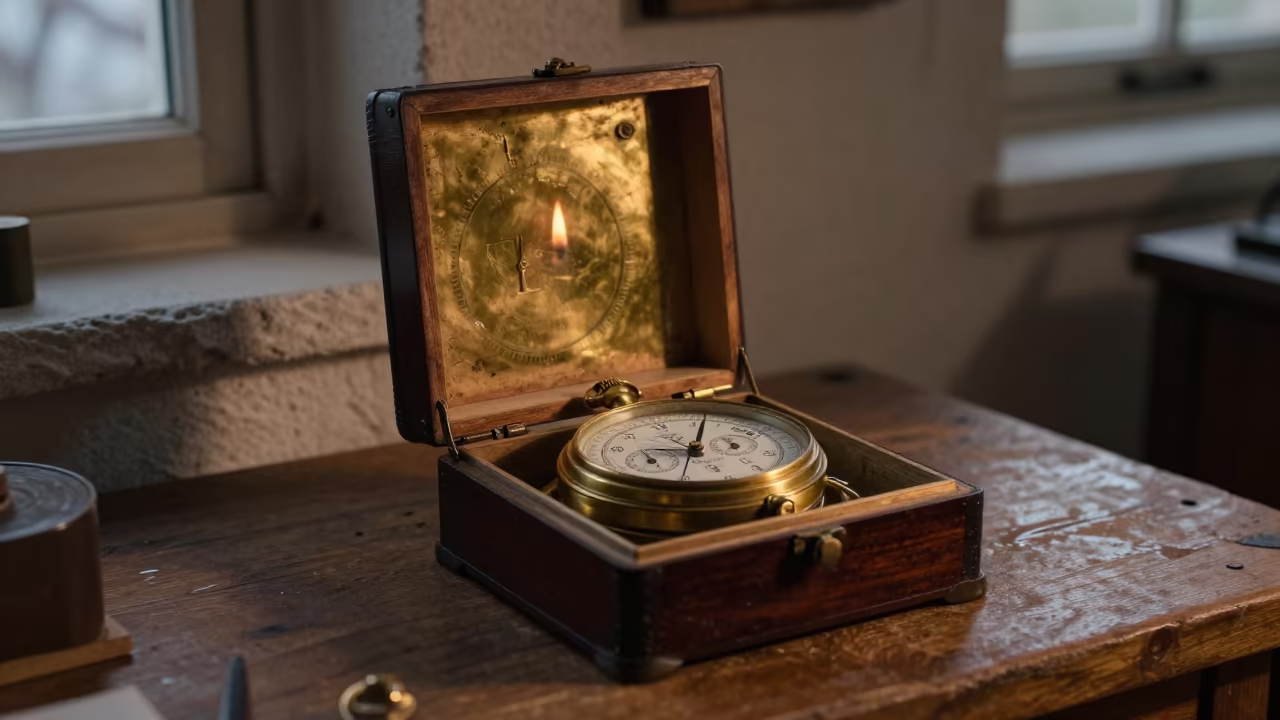 Antique Ship Chronometer in Mahogany Box Twilight in on a wooden workbench in Santorini