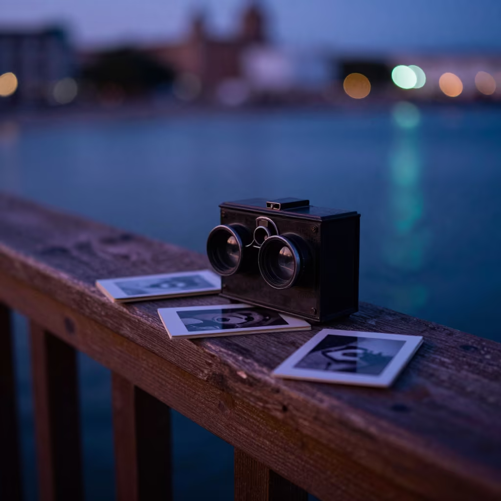 Antique Stereoscope on La Paz Pier at Twilight in on a pier railing in La Paz