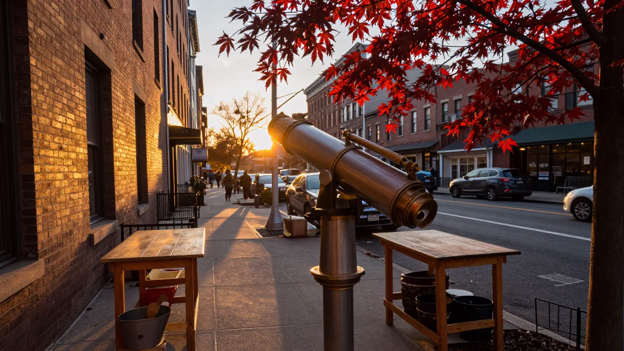 Antique Telescope in New York at Sunset Light in in New York, New York, United States