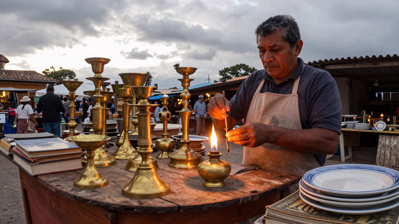 Antique Vendor Polishing Brass Candlesticks in Cúcuta Market in at a market stall in Cúcuta