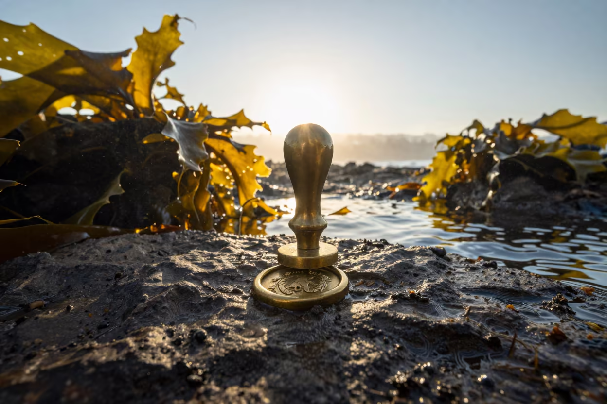 Antique Wax Seal Press Underwater Dawn in through kelp fronds beside a rocky shelf near Paddington, Sydney
