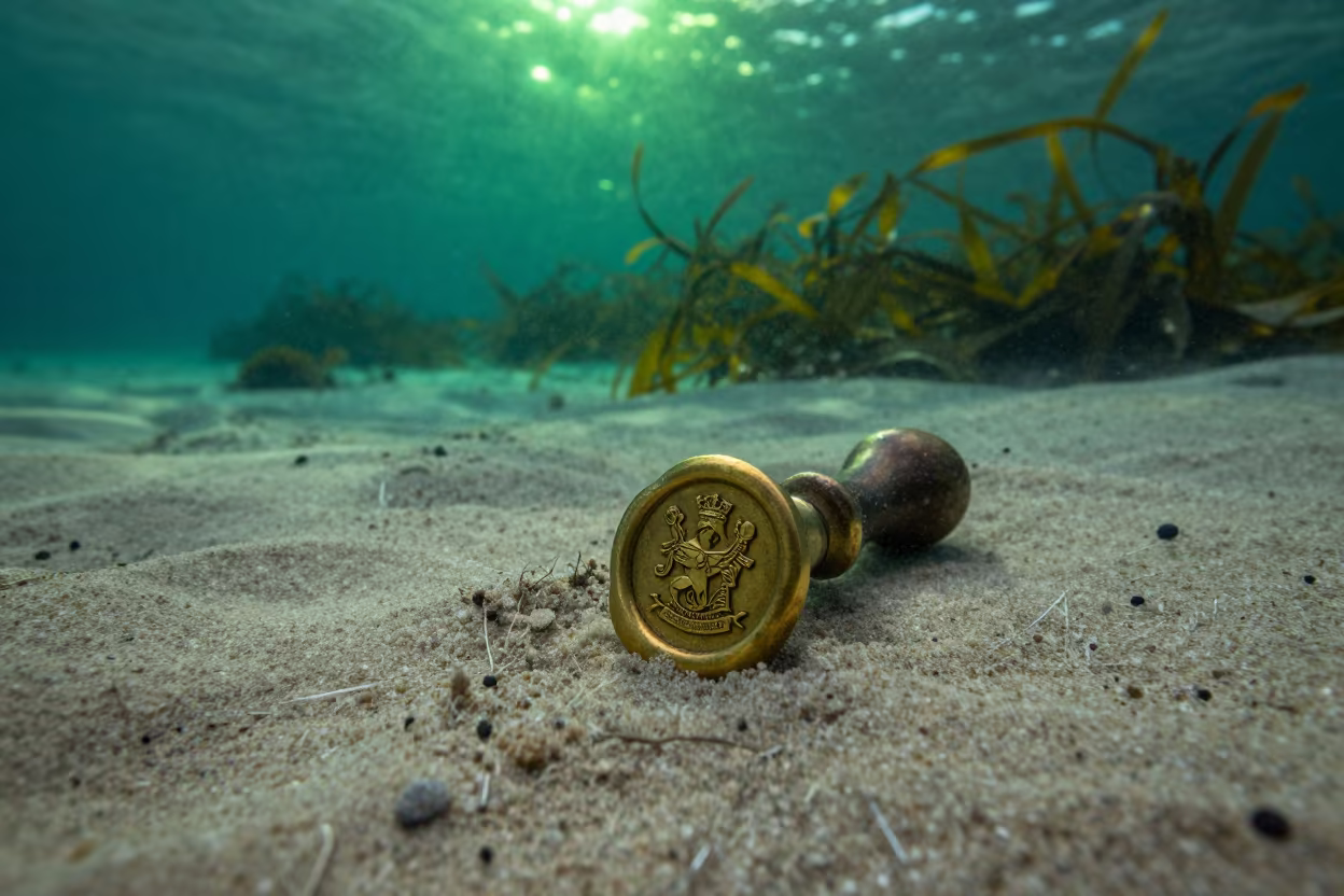 Antique Wax Seal Press Underwater in Norway in along a seagrass channel near the coast in Norway