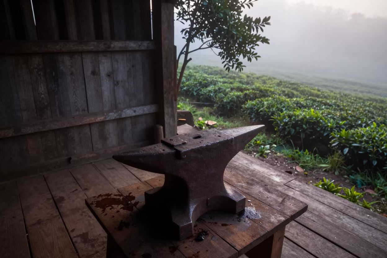 Anvil on Bench Under Winter Dawn Mist in at the edge of a tea plantation in Nepal