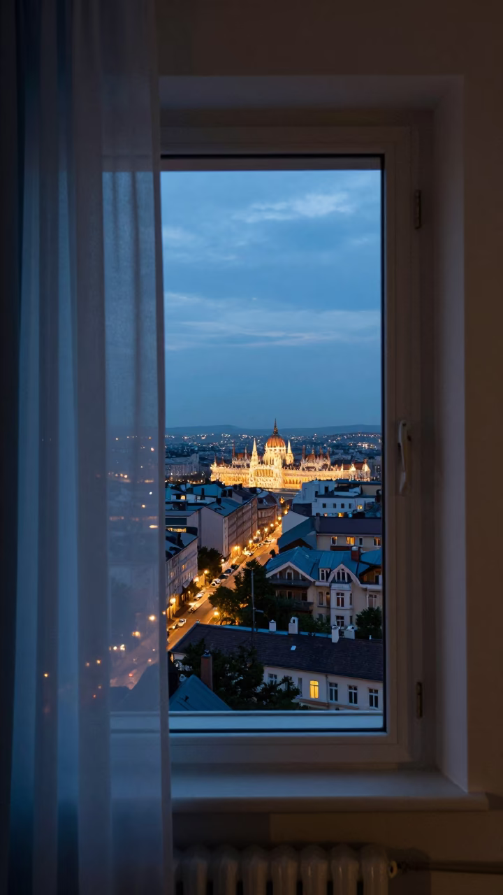 Apartment Interior in Budapest at As City Lights Begin To Glow in in Budapest, Hungary