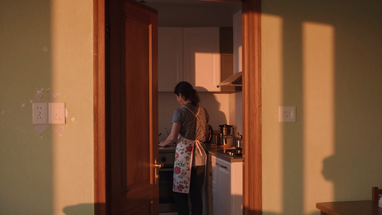 Apartment Interior in Budapest at Copper-toned Light Before Dusk in in Budapest, Hungary
