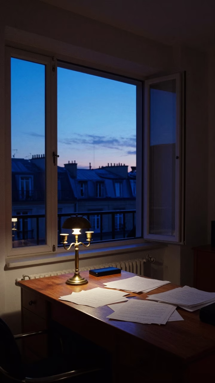 Apartment Interior in Paris at Indigo Twilight After Sunset in in Paris, France