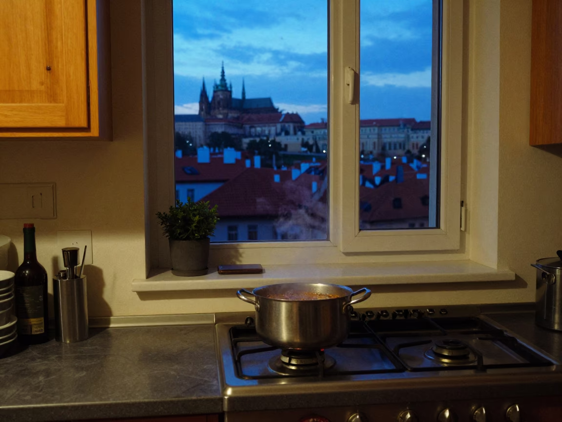 Apartment Kitchen at Blue Hour in Prague in in Prague, Czech Republic