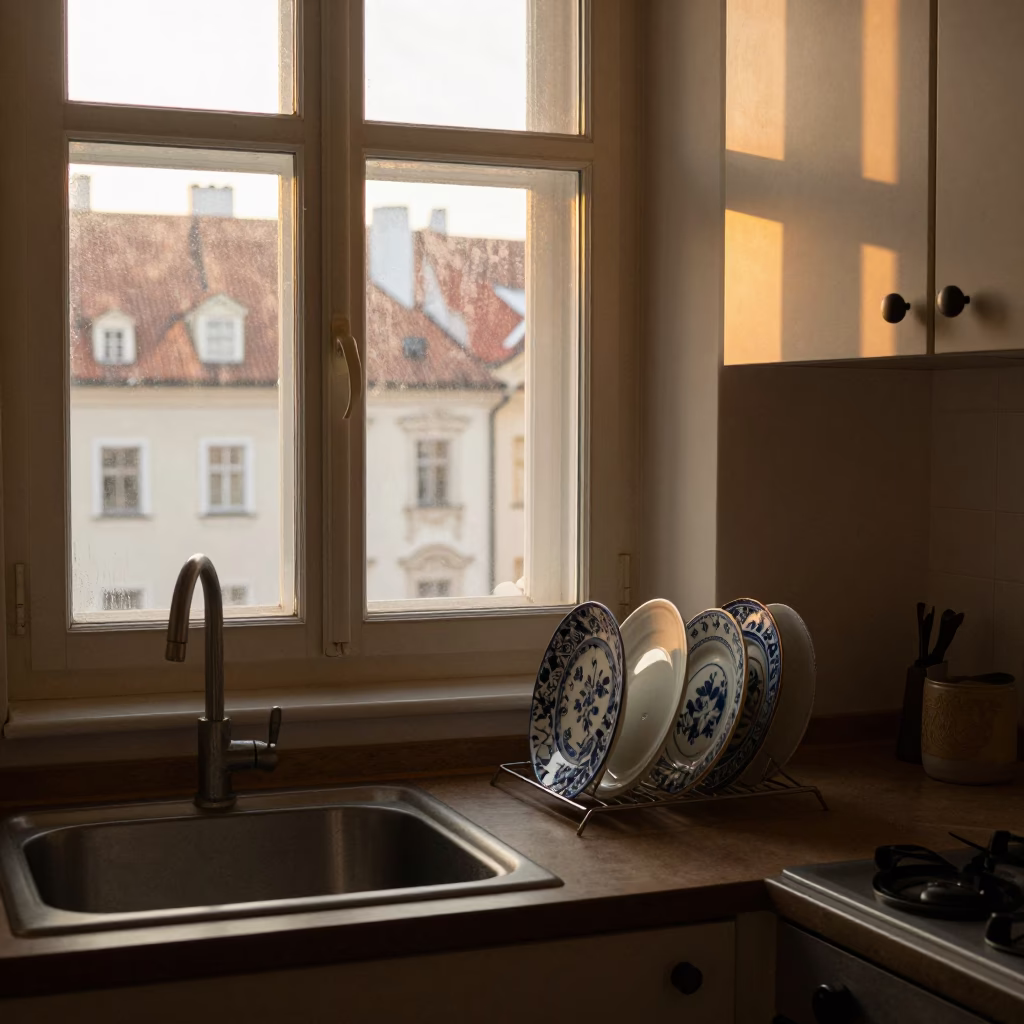 Apartment Kitchen at Golden Hour in Prague in in Prague, Czech Republic