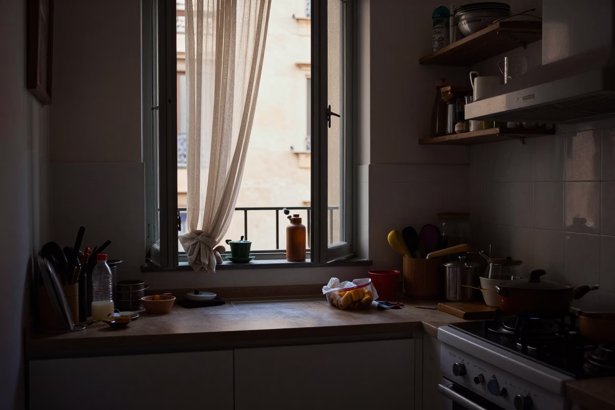 Apartment Kitchen in Barcelona at The Early Evening Light in in Barcelona, Spain