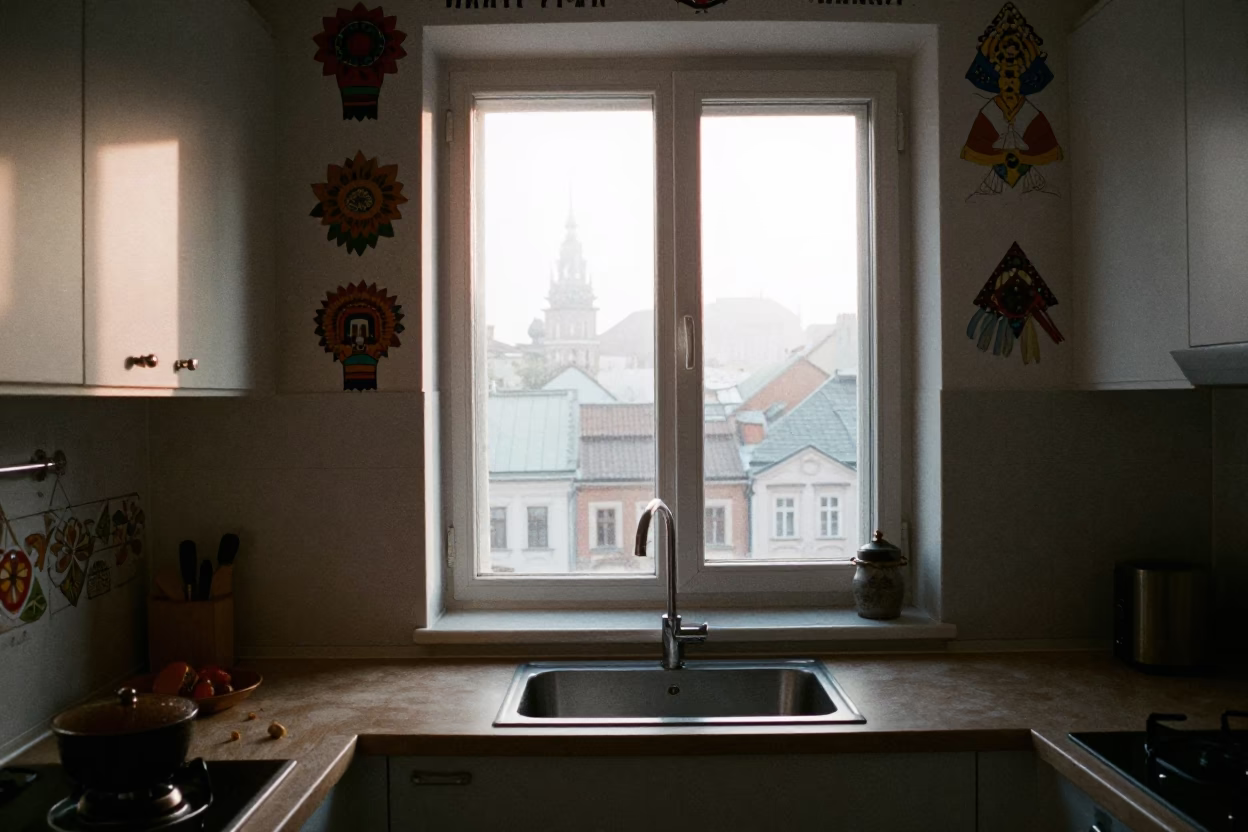 Apartment Kitchen in Krakow at As First Light Reaches The Scene in in Krakow, Poland