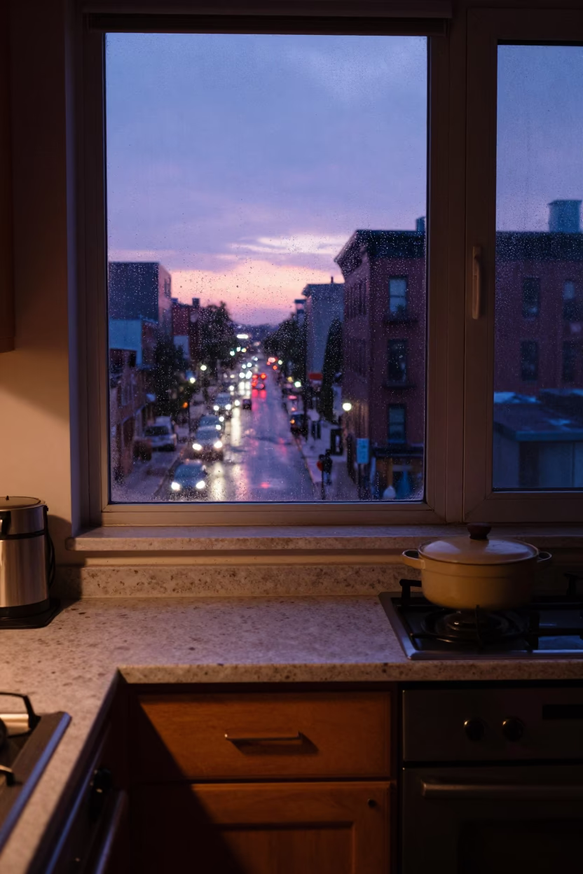Apartment Kitchen in Montreal at Indigo Twilight After Sunset in in Montreal, Quebec, Canada