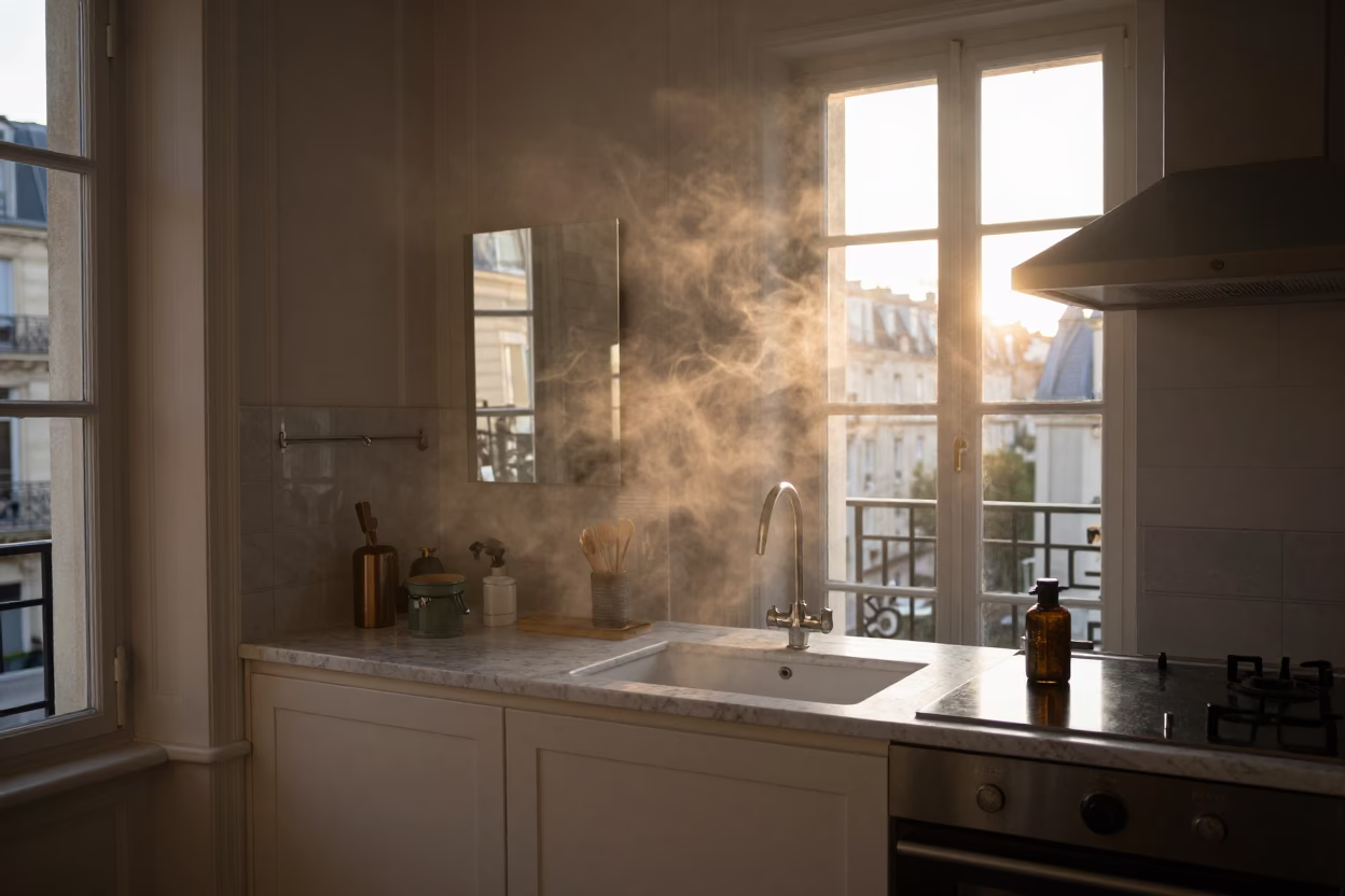 Apartment Kitchen in Paris at Nautical Dawn Light in in Paris, France