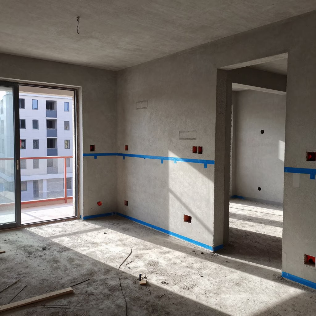 Apartment Rough-Ins Marked with Blue Tape in beside a framed building shell in Santiago