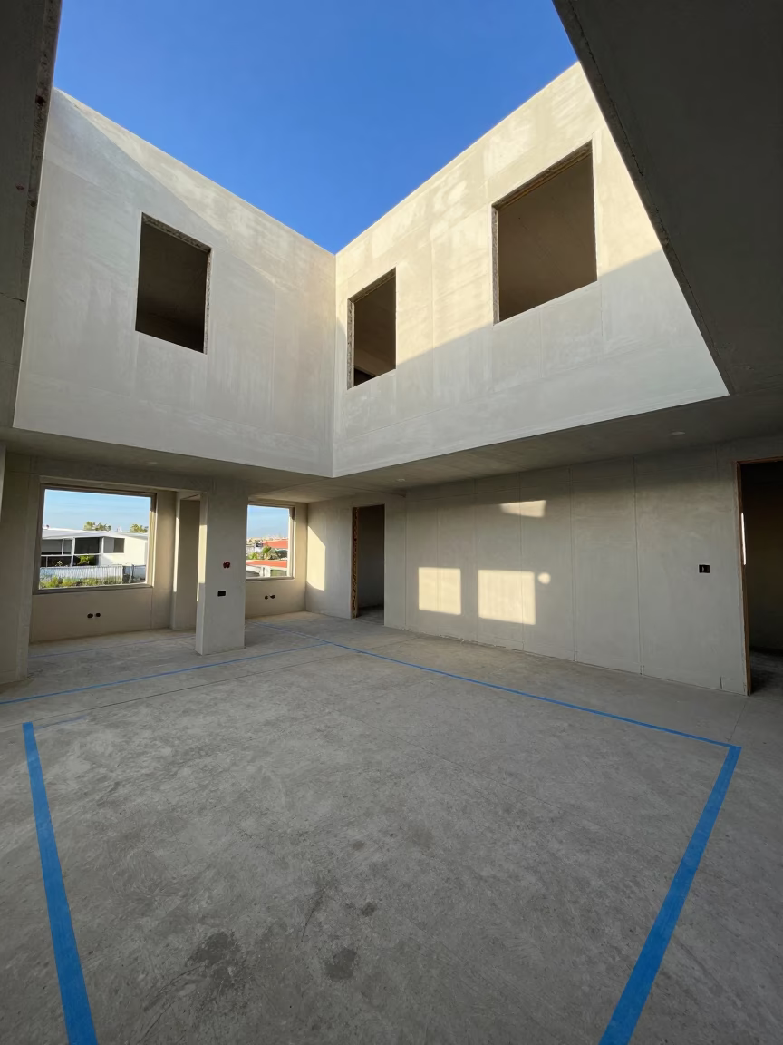 Apartment Rough-ins Under Clear LA Sky in beside a framed building shell in Los Angeles