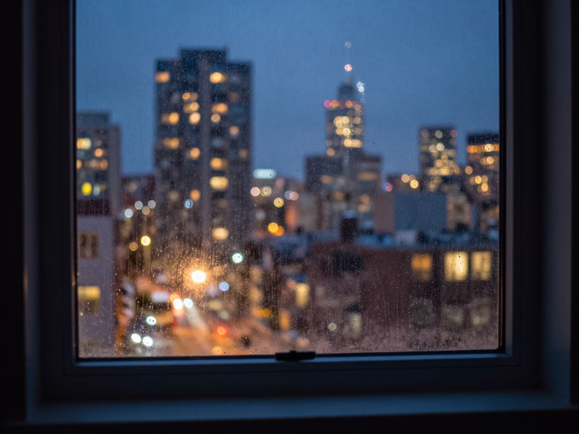 Apartment Window at As City Lights Begin To Glow in Toronto in in Toronto, Ontario, Canada