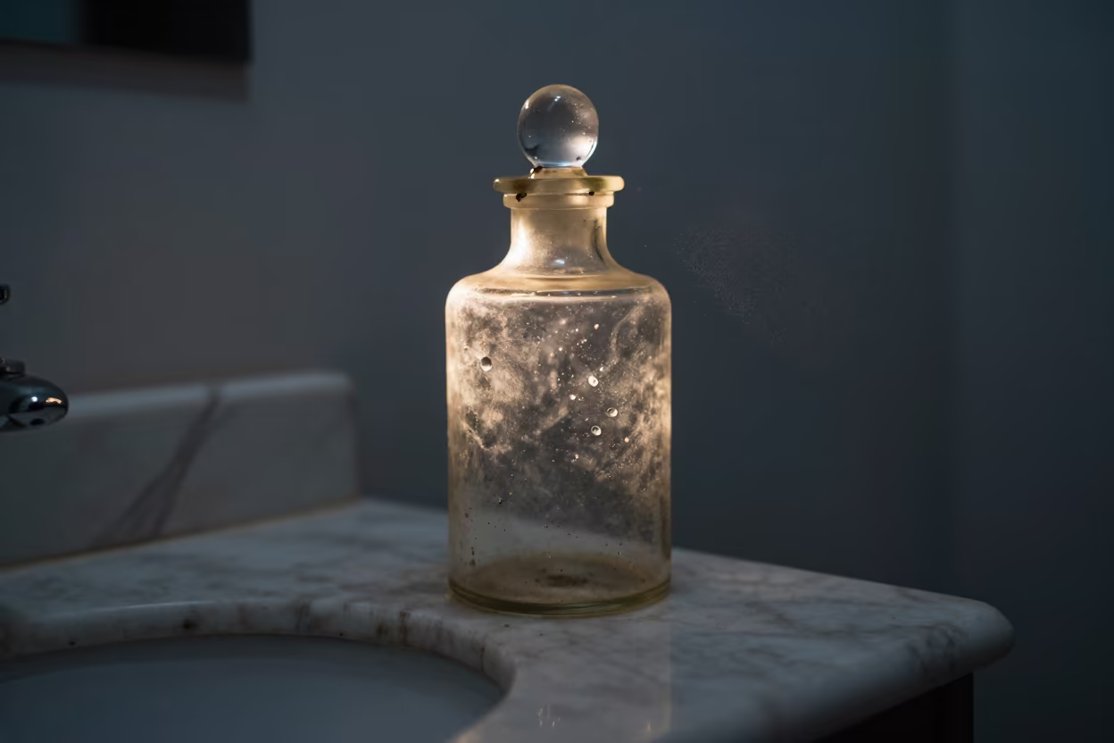 Apothecary Jar on Marble Washstand in on a stone ledge in Ichalkaranji