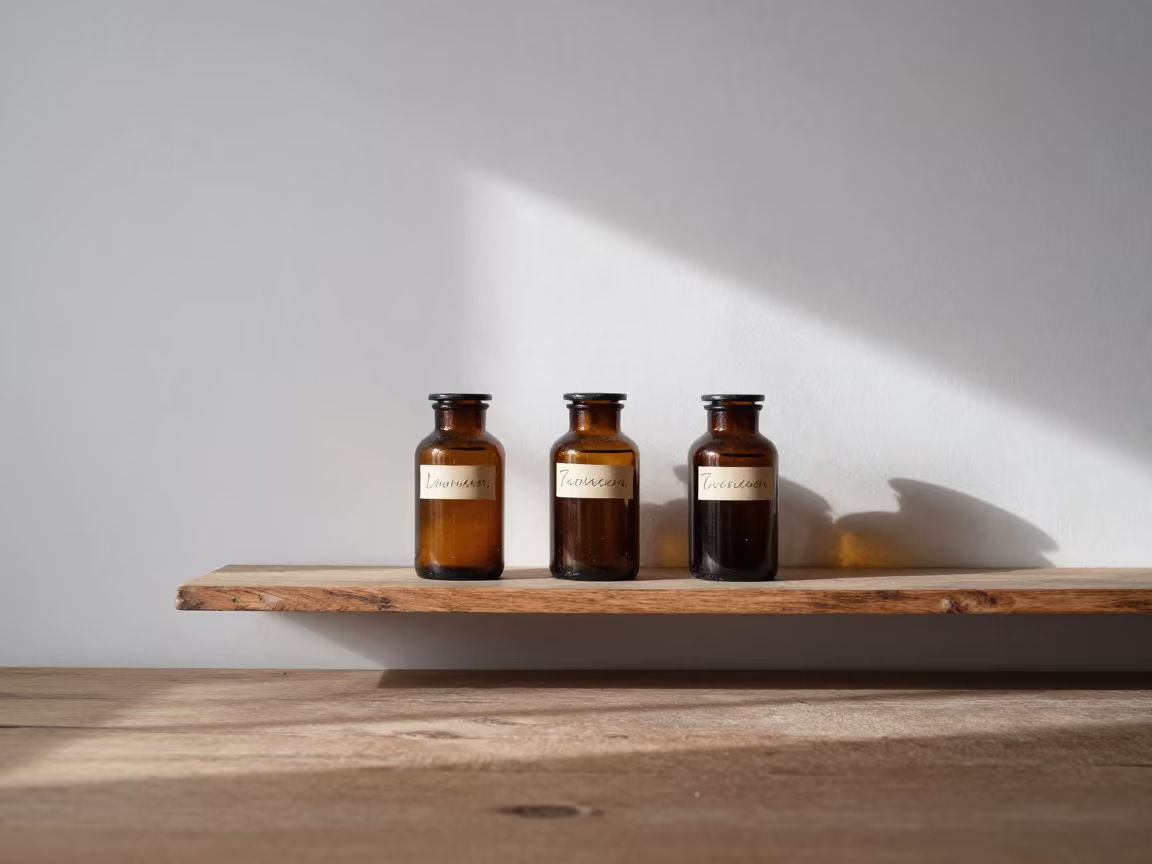 Apothecary Jars With Latin Labels On Dusty Walnut Shelf in on a dusty library table near Debrecen