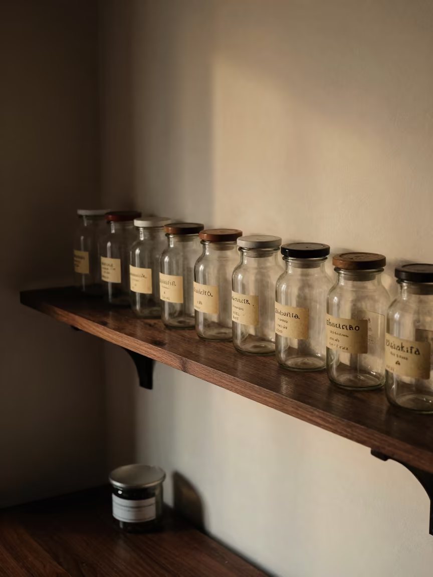 Apothecary Jars with Latin Labels on Walnut Shelf in on a writing desk in Bhaktapur