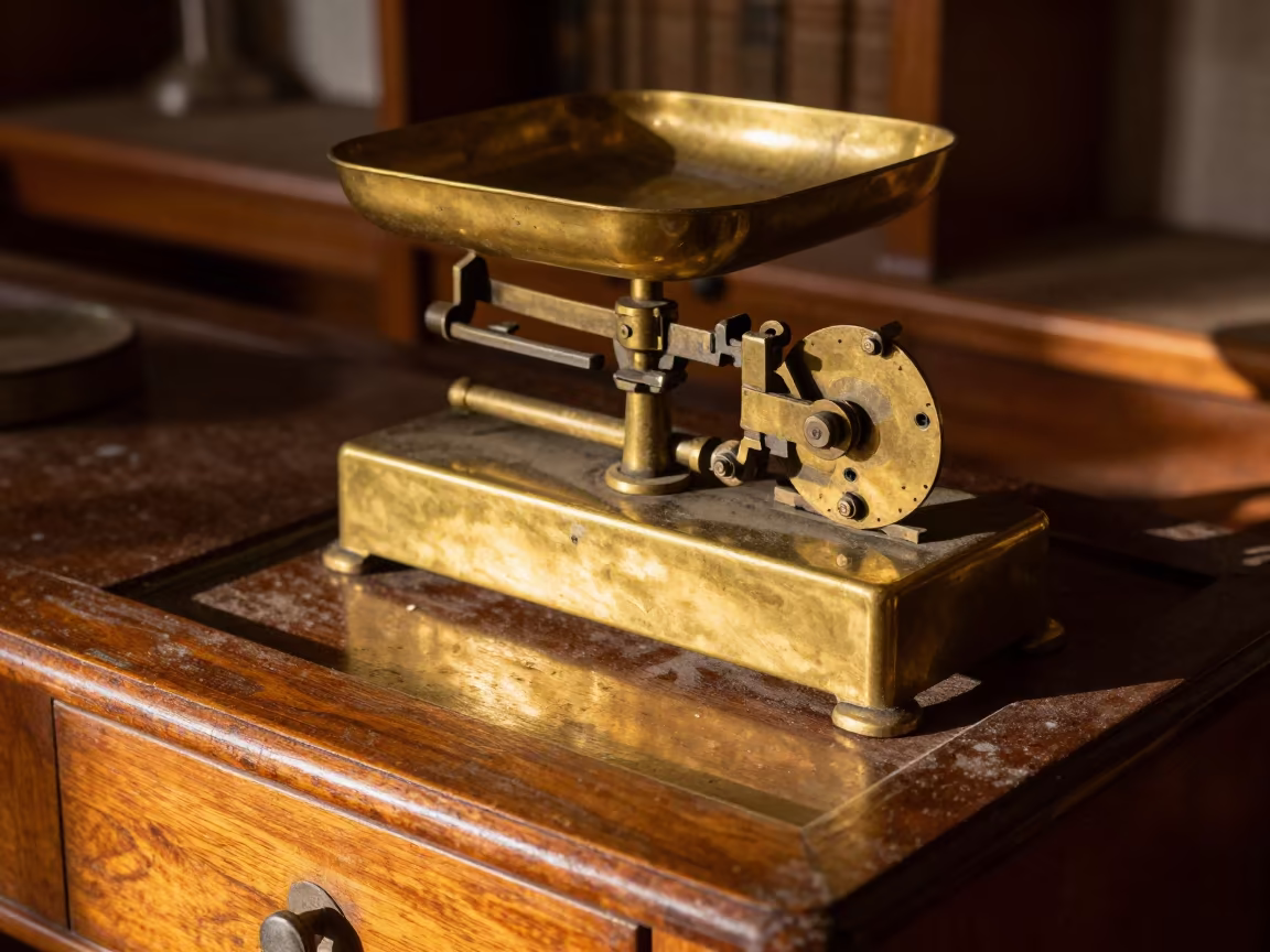 Apothecary Scale on Dusty Library Table in Cusco in on a dusty library table in Cusco