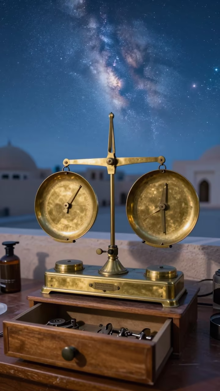 Apothecary Scale Under Winter Twilight Sky in on a wooden workbench in Ajman