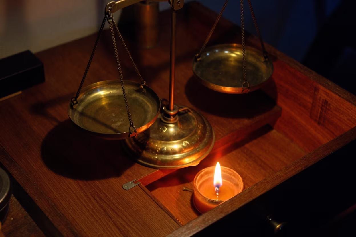 Apothecary Scale on Wooden Drawer in Autumn Firelight in on a wooden workbench in La Banda, Santiago del Estero