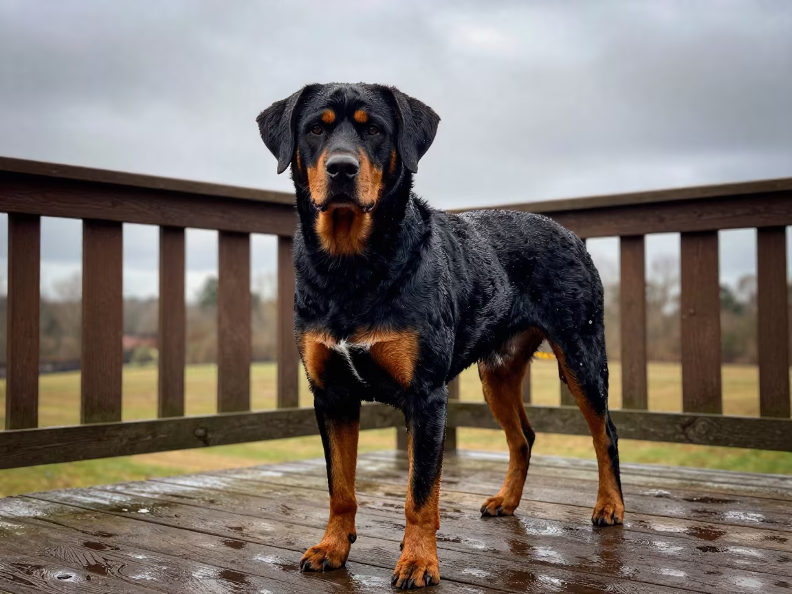 Appenzeller Sennenhund on Agra Porch After Rain in on a shaded front porch with boards, railings, and eye-level framing in Agra