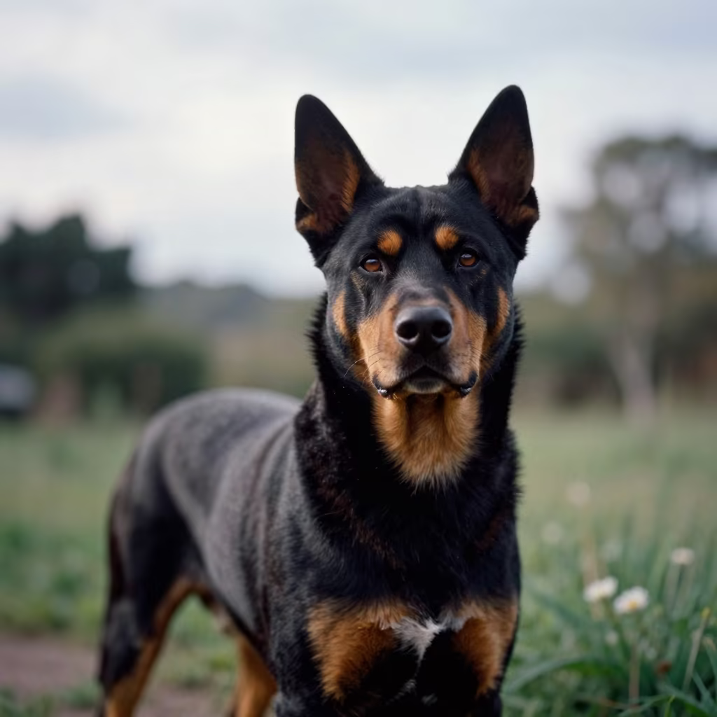 Appenzeller Sennenhund Portrait in Morning Light in near a garden edge with soft morning light and an uncluttered background near Cúcuta