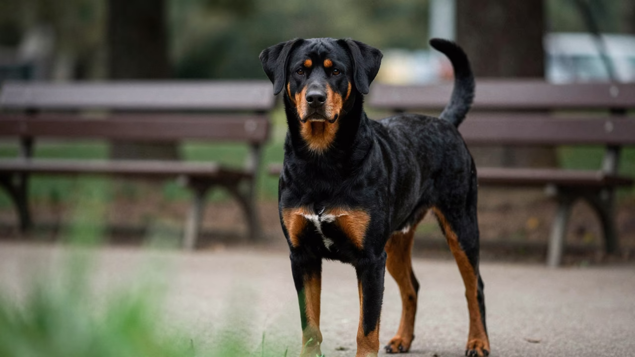 Appenzeller Sennenhund Portrait on Soweto Path in along a quiet park path with soft open shade and a clean background in Soweto