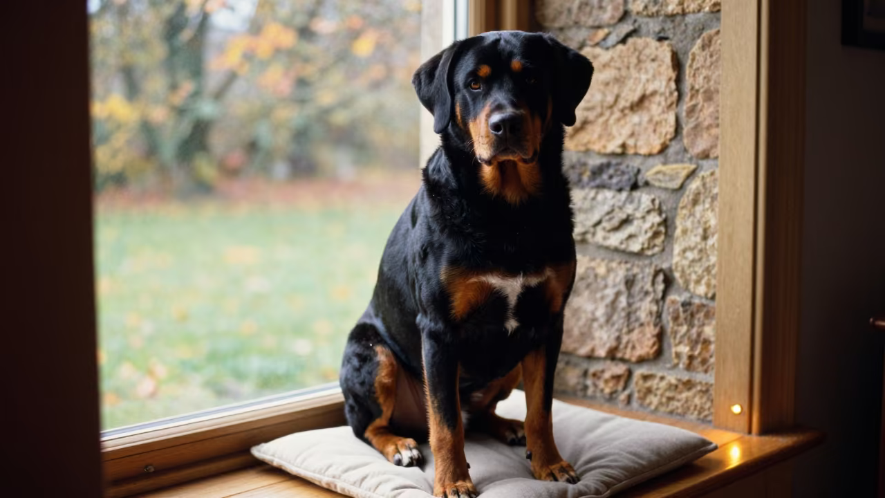 Appenzeller Sennenhund Portrait on Window Seat in on a cushioned window seat with soft side light and an uncluttered background near Stoke-on-Trent