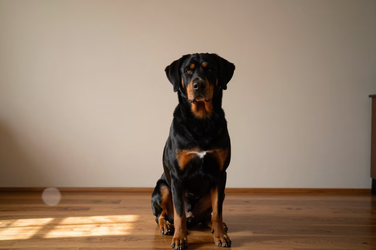Appenzeller Sennenhund Portrait Sunset Light in beside a plain plaster wall in soft indoor light with the animal centered in frame in Victoria