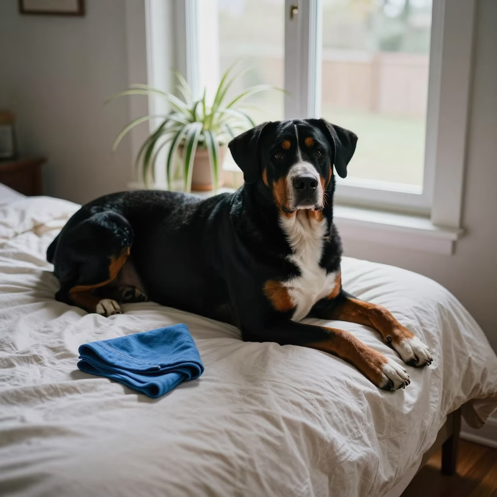 Appenzeller Sennenhund Resting on Bedspread Near Window in on a bedspread near a bright window with calm indoor light in Dalian