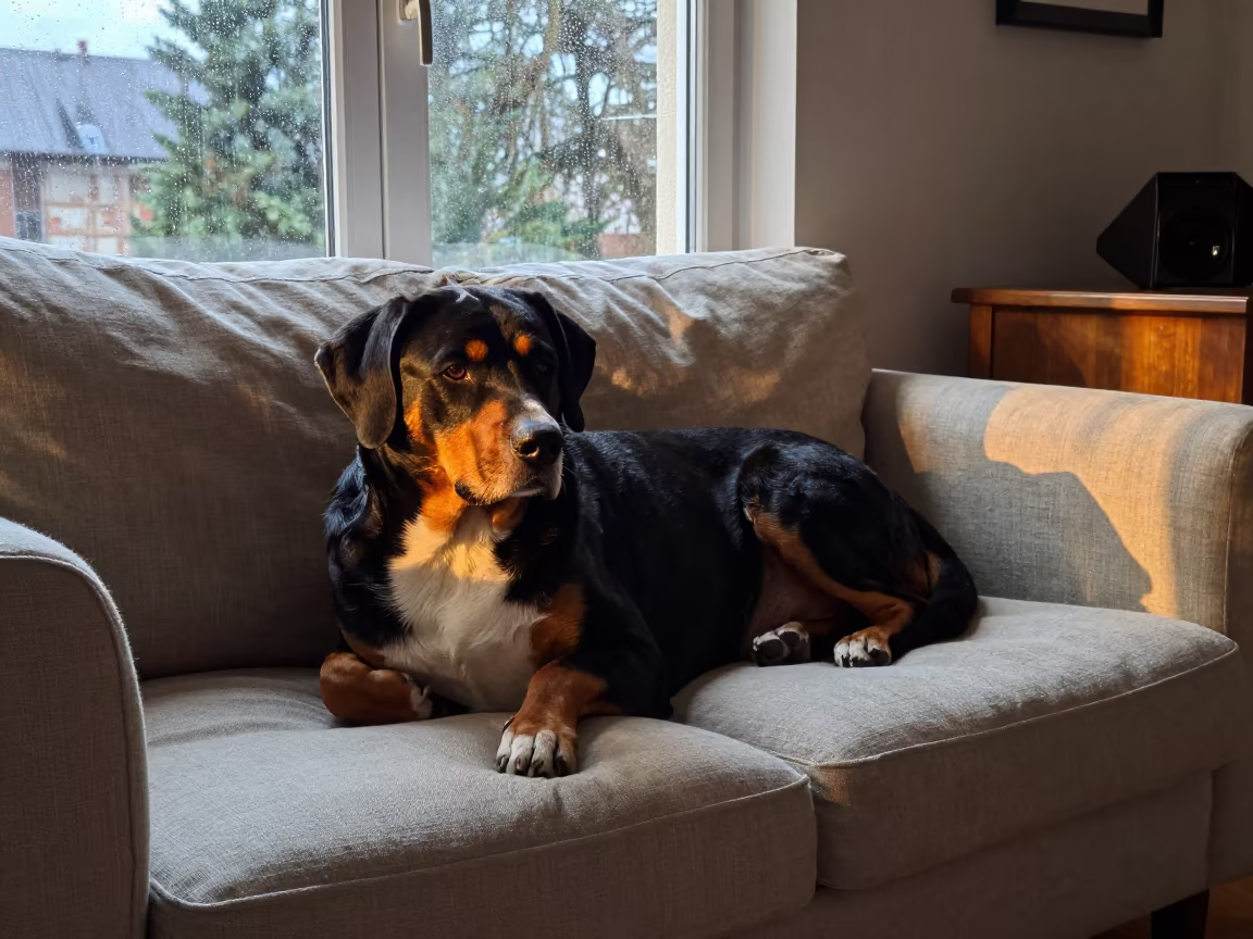 Appenzeller Sennenhund Resting on Linen Sofa in on a linen sofa with daylight from a nearby window in Ngaoundéré