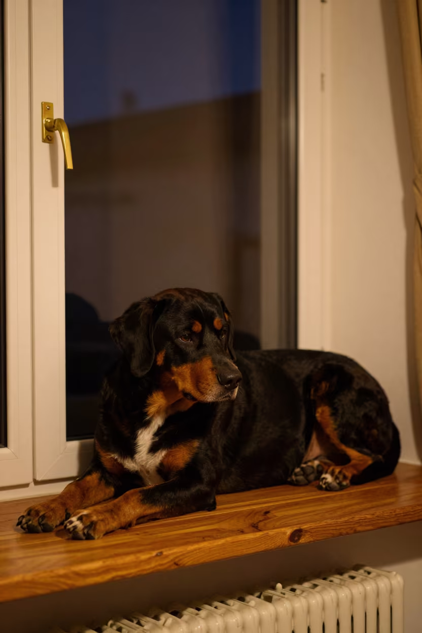 Appenzeller Sennenhund Resting on Window Seat in Sanaa in on a window seat in a quiet apartment with soft side light in Sanaa