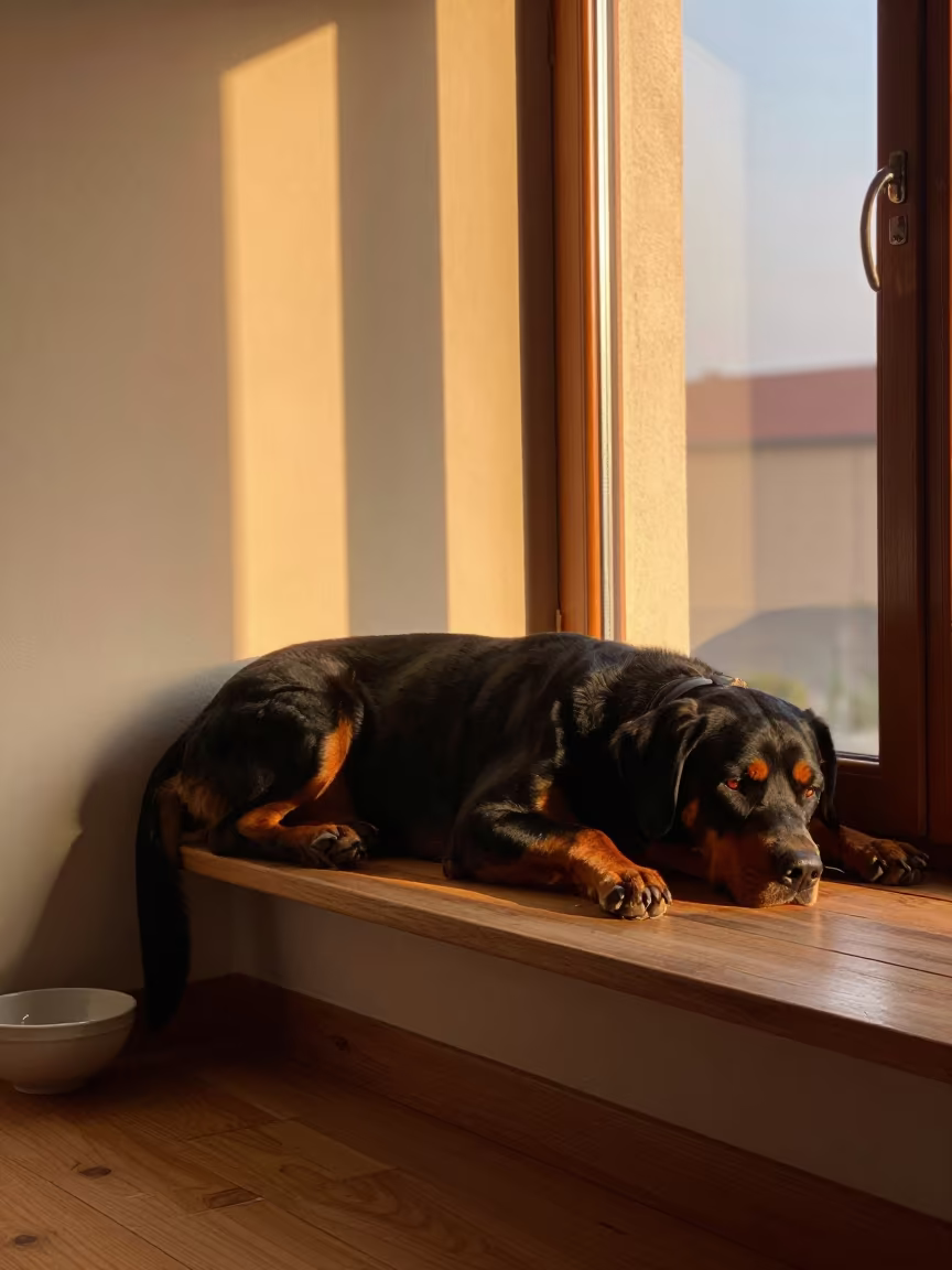Appenzeller Sennenhund Resting on Window Seat in on a window seat in a quiet apartment with soft side light in Raipur