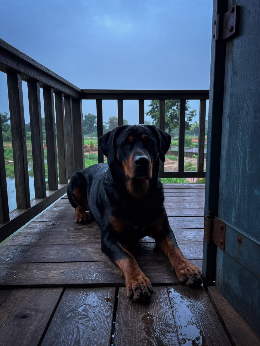 Appenzeller Sennenhund Silhouette on Shaded Porch in on a shaded front porch with boards, railings, and eye-level framing in Khulna