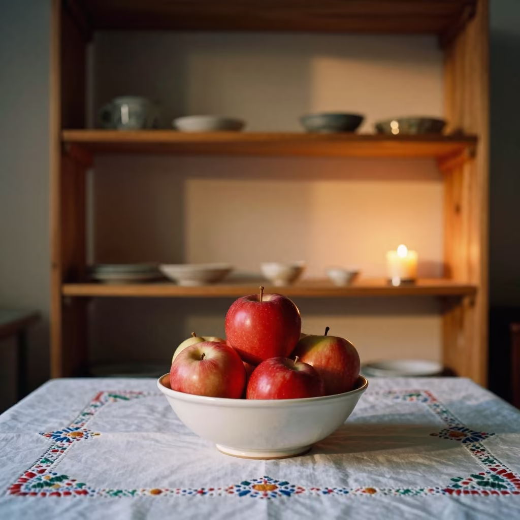 Apple Bowl on Embroidered Cloth Kazan Sunset in on a workshop shelf in Kazan
