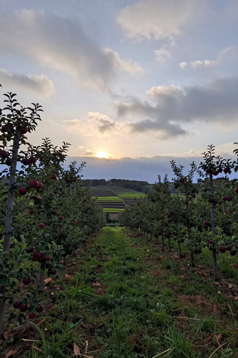 Apple Orchard Branches Over New Brunswick Rice Terraces in among terraced rice paddies in New Brunswick