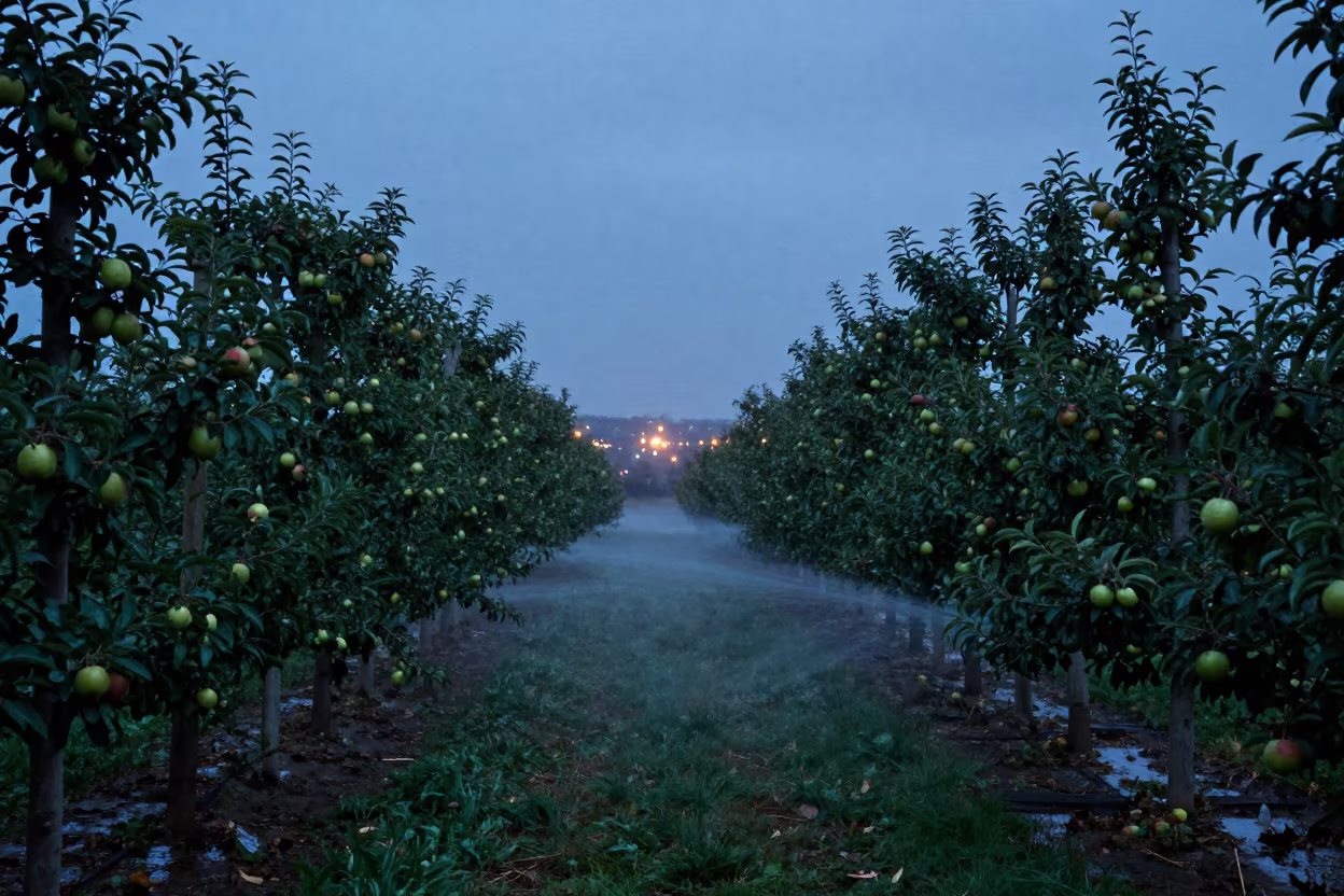 Apple Orchard Harvest Minna Wet Season in along freshly irrigated rows in Minna