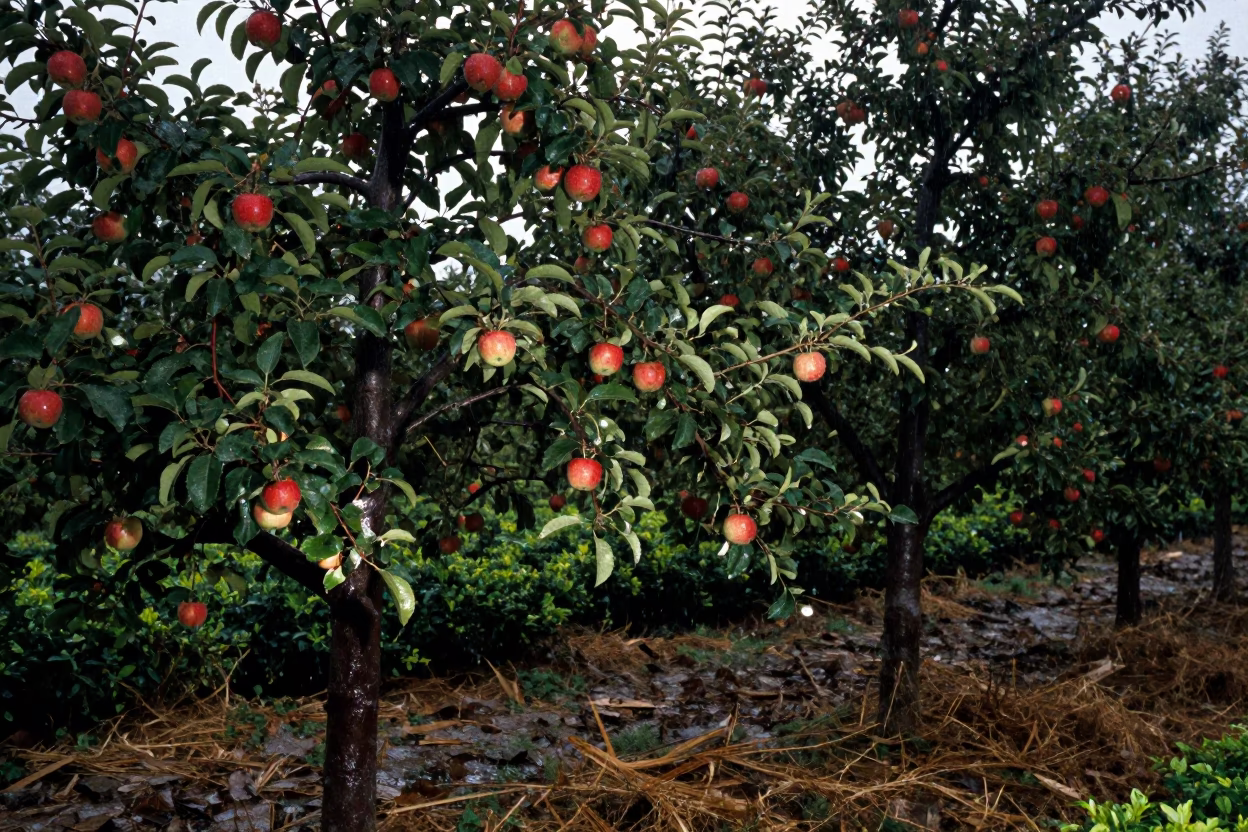 Apple Orchard Heavy Branches Rain Night Muzaffargarh in at the edge of a tea plantation near Muzaffargarh