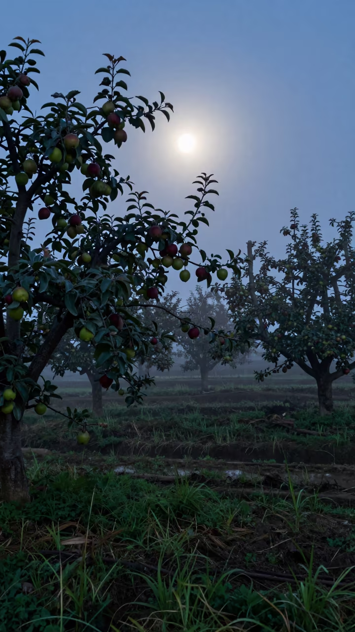 Apple Orchard with Heavy Fruit in Mist in among terraced rice paddies in Sweden