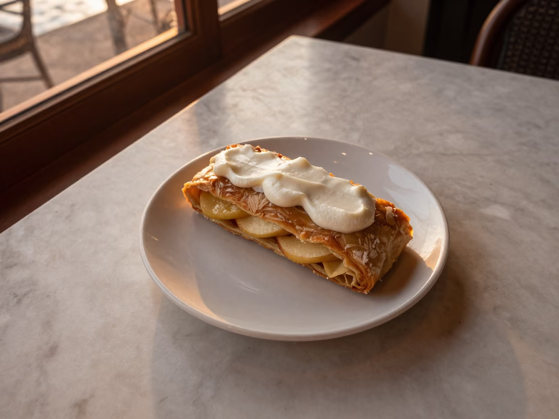 Apple Strudel with Cream on Marble Mombasa Table in on a marble cafe table in Mombasa