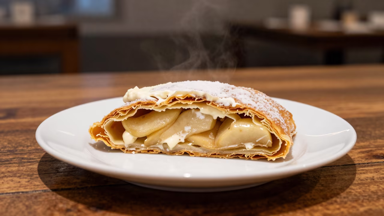 Apple Strudel With Cream On Rustic Table in on a rustic wooden table in Zanzibar