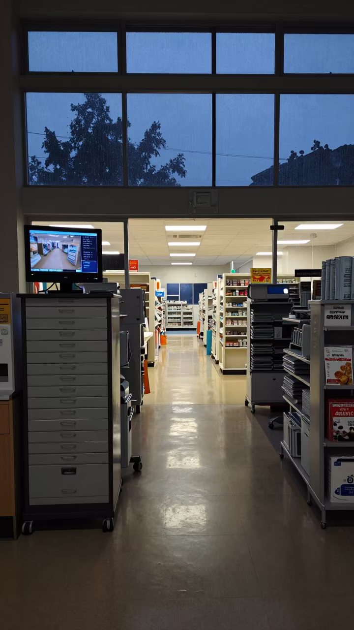 Appliance Haul-Away Tag Drawer at Nurse Station in at a nurse station under monitor glow in Tanga